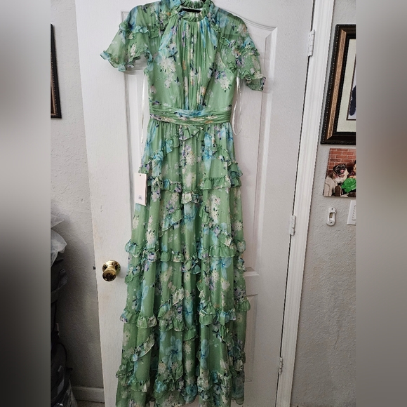 Mac Duggal Floral Print Chiffon Cascading Ruffle Raglan Gown SZ 2 NEW 68216 - Picture 5 of 14